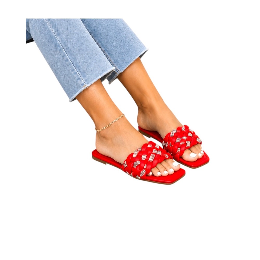 Berness Womens Red Braided‎ Rhinestone Square Toe Flat Slide Sandals Size 8 NEW